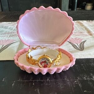 Vintage Disney Little Mermaid Pink Seashell Jewelry Box with Gold Bracelet Watch